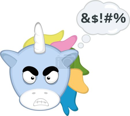 Illustration for Vector illustration cartoon unicorn face, an angry expression and a thought bubble with an insult text - Royalty Free Image