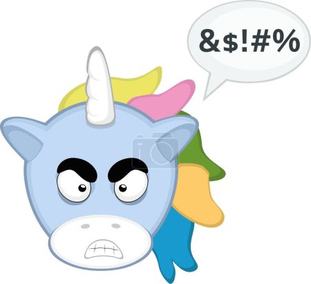 Illustration for Ector cartoon character illustration of a unicorn, angry expression and a speech bubble with an insult text - Royalty Free Image