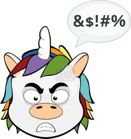 Illustration for Vector cartoon character illustration of a unicorn, angry expression and a speech bubble with an insult text - Royalty Free Image