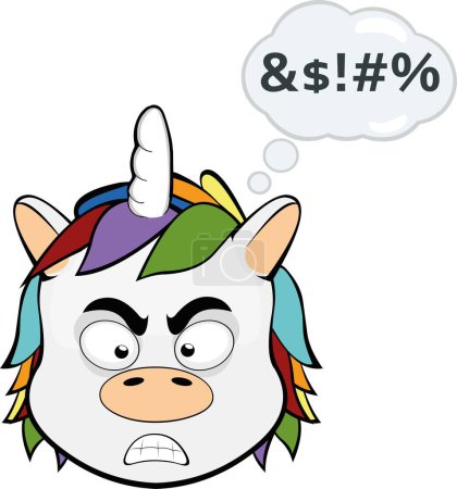 Illustration for Vector illustration face of a unicorn cartoon angry with a cloud of thought and an insult text - Royalty Free Image