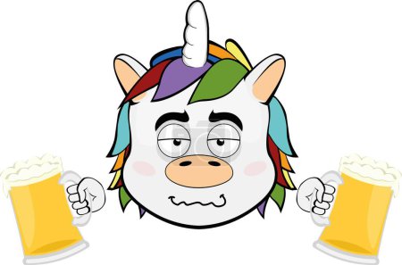 Illustration for Vector illustration face of a drunk cartoon unicorn with beers in his hands - Royalty Free Image