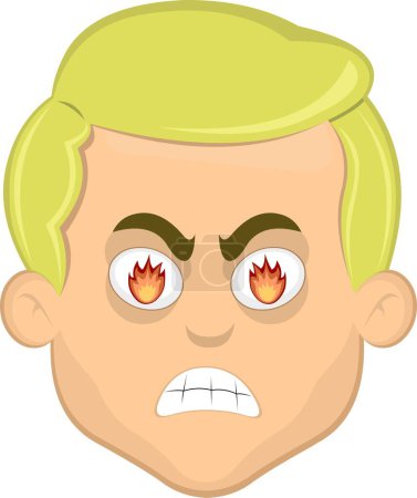 Téléchargez les illustrations : Illustration vectorielle visage blond homme dessin animé avec une expression furieuse et des flammes de feu dans ses yeux - en licence libre de droit