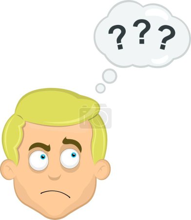 Illustration for Vector illustration face of a blond cartoon man with blue eyes, a thinking or doubtful expression, a cloud of thought and question marks - Royalty Free Image