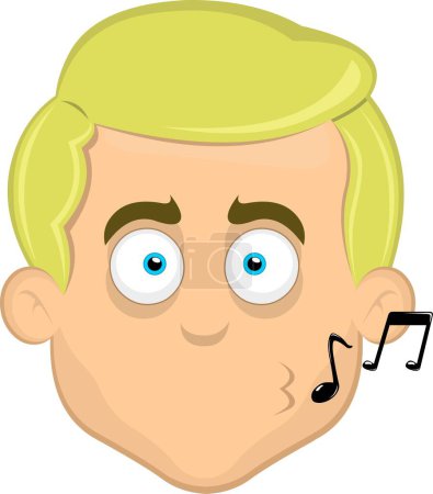 Ilustración de Vector ilustración cara de hombre dibujos animados rubia ojos azules silbando con notas musicales en los labios - Imagen libre de derechos