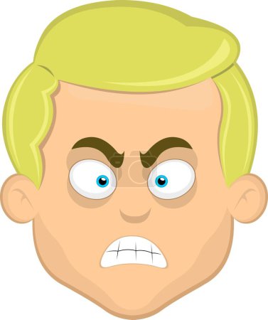 Téléchargez les illustrations : Illustration vectorielle visage d'un homme blond yeux bleus dessin animé avec une expression en colère - en licence libre de droit
