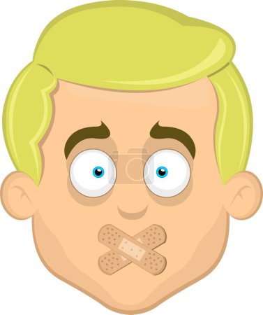 Téléchargez les illustrations : Illustration vectorielle visage d'un homme dessin animé yeux bleus blonds, avec des bandes adhésives dans la bouche - en licence libre de droit
