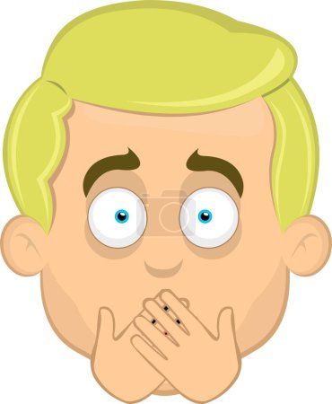 Ilustración de Vector ilustración cara de un hombre de dibujos animados rubia con ojos azules cubriendo su boca con sus manos - Imagen libre de derechos