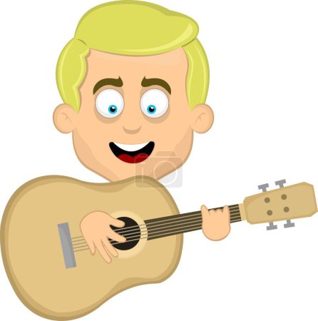 Ilustración de Vector ilustración cara de un hombre rubio con dibujos animados de ojo azul tocando una guitarra - Imagen libre de derechos