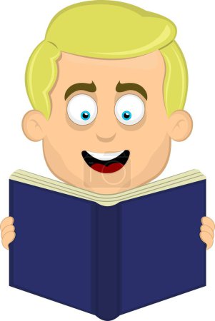 Ilustración de Vector ilustración cara de un hombre rubio con ojos azules dibujos animados leyendo un libro - Imagen libre de derechos