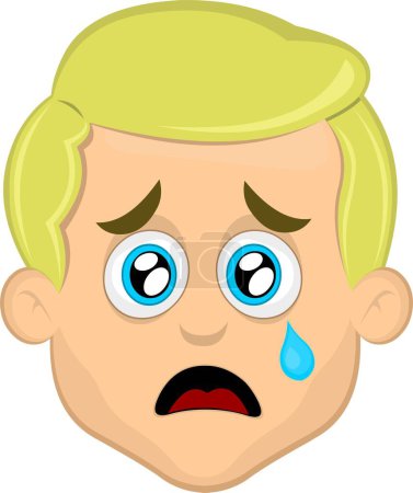 Illustration for Vector illustration face of a blond cartoon man with blue eyes, sad, with watery eyes and a tear falling from his face - Royalty Free Image