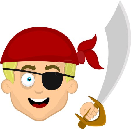 Ilustración de Ilustración vectorial cara caricatura pirata, con un pañuelo en la cabeza, un parche en los ojos y una espada en la mano - Imagen libre de derechos