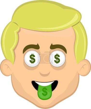 Ilustración de Vector ilustración cara hombre rubio dibujos animados ojos y lengua con signo de dólar - Imagen libre de derechos