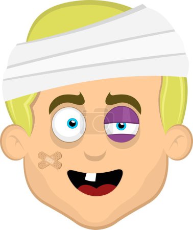 vector illustration face of a injured cartoon man, with bandages on his head, a black eye, adhesive bandages and a single tooth