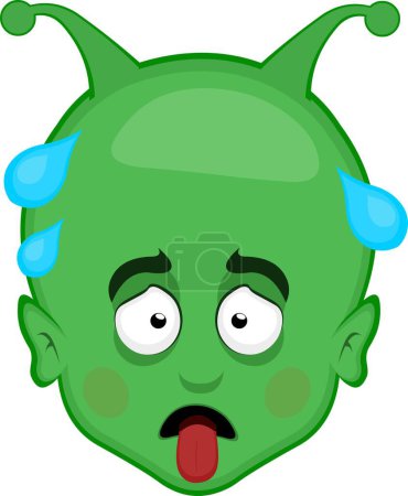 vector illustration face alien extraterrestrial cartoon exhausted with his tongue out and drops of sweat on his head