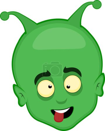 vector illustration face extraterrestrial alien cartoon with an expression of madness, squinting eyes and tongue sticking out