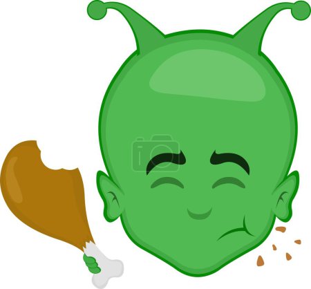 Vektor Illustration Gesicht Alien-Alien-Kartoo, essen ein Hühnerbein