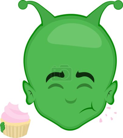 vector illustration face alien extreterrestrial cartoon, eating a cupcake or muffin