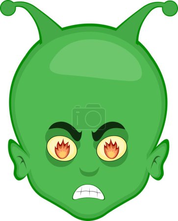 Illustration for Vector illustration face alien or extraterrestrial cartoon angry expression with flames fire in his eyes - Royalty Free Image