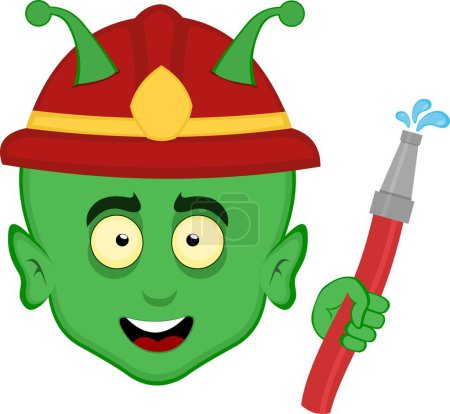 vector illustration face alien or extraterrestrial cartoon with a fireman helmet and a hose in hand with drops of water