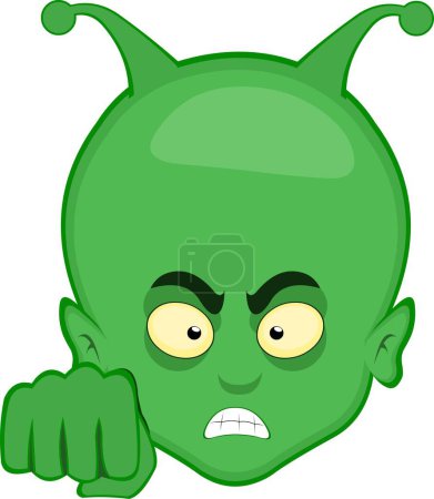 Vektor Illustration Gesicht Alien Alien mit einem wütenden Gesichtsausdruck und gibt eine Faust Beule