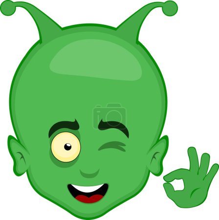 vector illustration face alien or extraterrestrial cartoon, winking eye and with his hand making an ok or perfect gesture