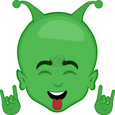 Illustration for Vector illustration face alien or extraterrestrial cartoon making the classic heavy metal gesture with hands and tongue out - Royalty Free Image