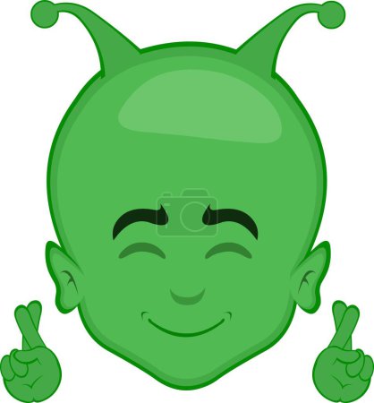 vector illustration face alien extraterrestrial cartoon, crossing the fingers of the hands, asking for a wish or good luck