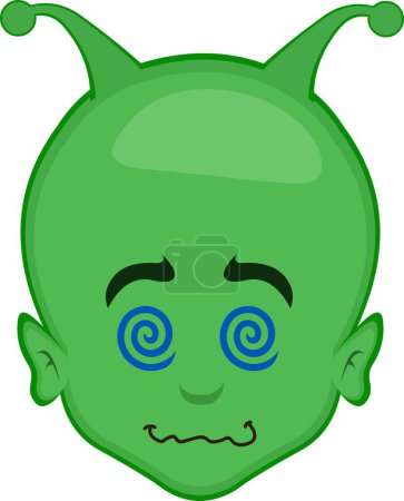 Illustration for Vector illustration face alien or extraterrestrial cartoon, hypnotized with spiral shaped eyes - Royalty Free Image