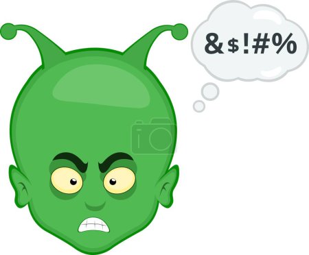 Illustration for Vector illustration face alien extraterrestrial cartoon angry with a cloud of thought and an insult text - Royalty Free Image