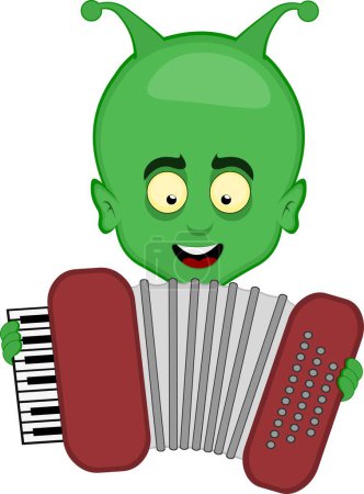 video animation face alien extraterrestrial cartoon, with a happy expression and playing musical instrument accordion