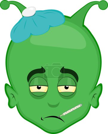 vector illustration face alien extreterrestrial cartoon, sick, with a thermometer in his mouth and a bag of water on his head