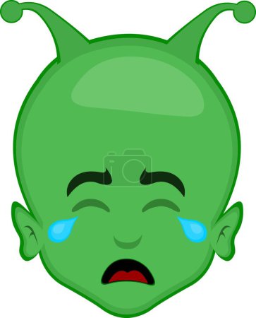vector illustration face alien extraterrestrial cartoon, with a sad expression, crying and tears falling from the eyes
