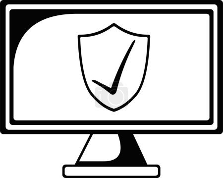 Vektor Zeichnung Illustration Symbol Schutzschild aktiviert gegen Internet-Antivirus-Monitor Computergerät, in schwarz-weißer Farbe gezeichnet