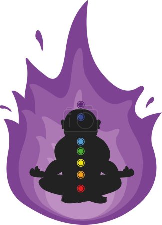 illustration vectorielle silhouette noire méditant personne entourée de feu sacré violet flamme en mouvement