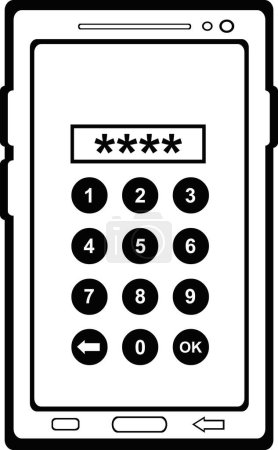vector drawing illustration icon of numeric keypad smart phone access and security system, drawn in black and white color