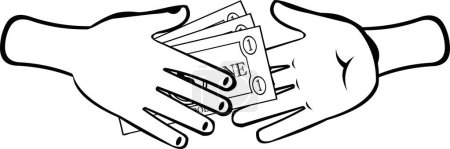 vector drawing illustration cartoon hands paying money dollar bills cash, drawn in black and white color