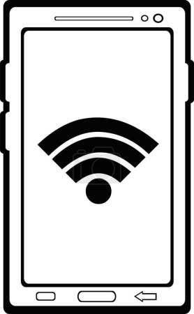 Vektor Zeichnung Illustration Mobiltelefon, Smartphone oder Tablet mit Symbol Frequenzwellen Wifi-Signal, in schwarz-weißer Farbe gezeichnet