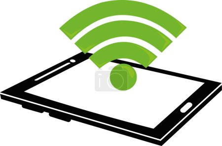 Téléchargez les illustrations : Illustration vectorielle téléphone portable noir et blanc, smartphone ou tablette avec symbole vert ondes de fréquence signal wifi - en licence libre de droit