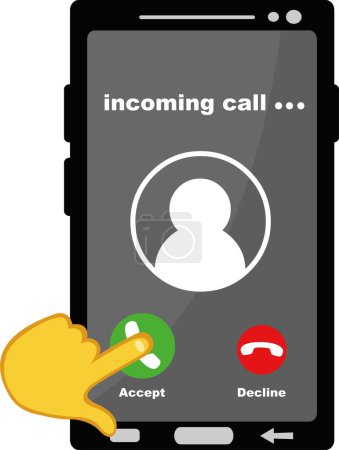 illustration vectorielle main jaune appuyant sur le bouton accepter de téléphone portable appel entrant