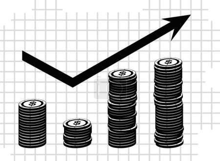 vector drawing illustration stacked coins and arrow trending up, growing statistical graphic concept, drawn in black and white color