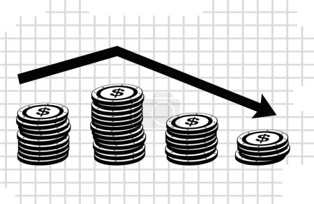 vector drawing illustration stacked coins and arrow trending down, decreasing statistical graphic concept, drawn in black and white color