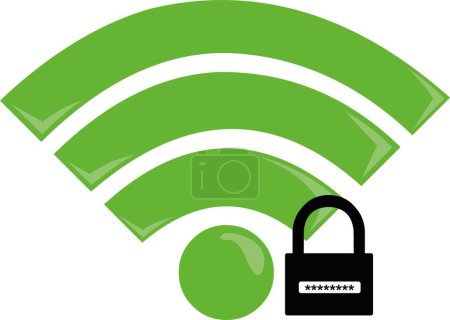 Vektor Illustration Symbol Illustration des grünen Wifi-Signal Passwort und Sicherheitscode entriegelt schwarz-weiß Vorhängeschloss, Internet-Zugangskonzept