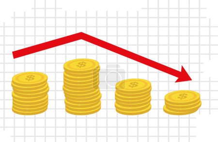 vector illustration stacked coins and arrow trending down, decreasing statistical graphic concept