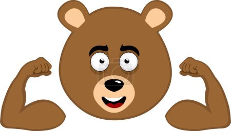 vector illustration face brown grizzly bear cartoon showing the biceps of his arms with a happy expression