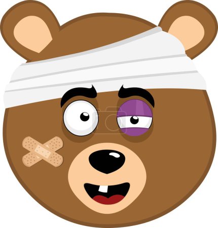 Téléchargez les illustrations : Illustration vectorielle visage personnage ours brun grizzli blessé dessin animé, avec des bandages sur la tête, un oeil noir et une seule dent - en licence libre de droit