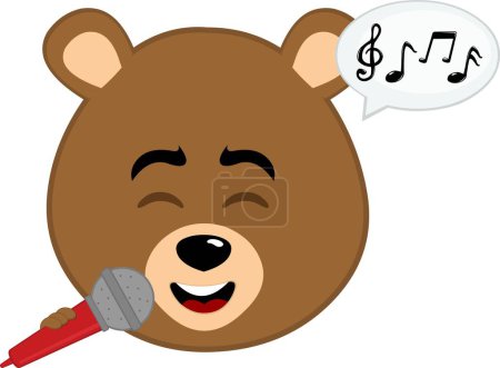 vector illustration face brown grizzly bear cartoon singing with a microphone in hand, a speech bubble and musical notes
