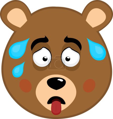 vector illustration face brown bear grizzly cartoon, with his tongue out and drops of sweat on his head