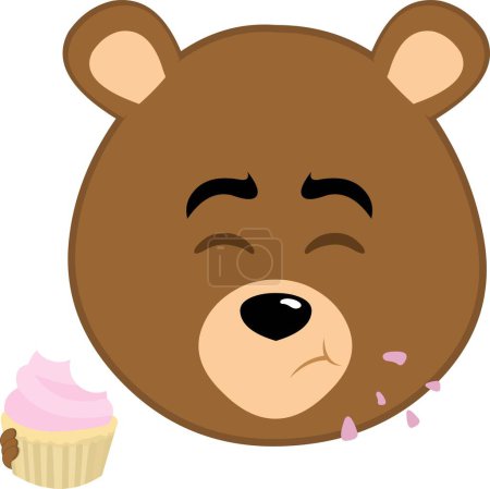 vector illustration face brown bear grizzly cartoon eating a cupcake or muffin