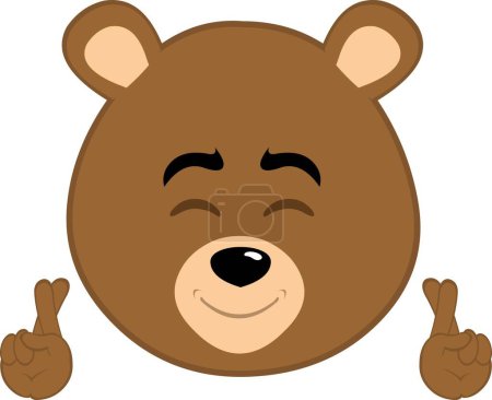 illustration vectorielle visage ours brun grizzli dessin animé, croisant les doigts des mains, demandant un souhait ou bonne chance