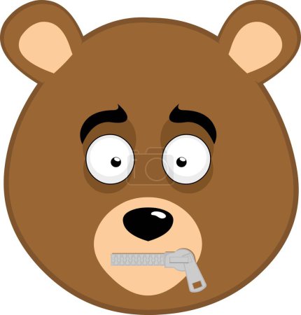 illustration vectorielle visage ours brun grizzli dessin animé, avec une fermeture éclair dans la bouche dans le concept de silence